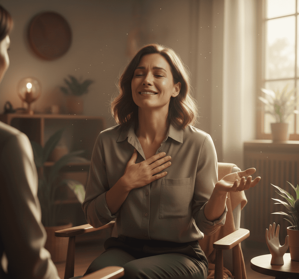 mujer superando bloqueo emocional en terapia gestalt